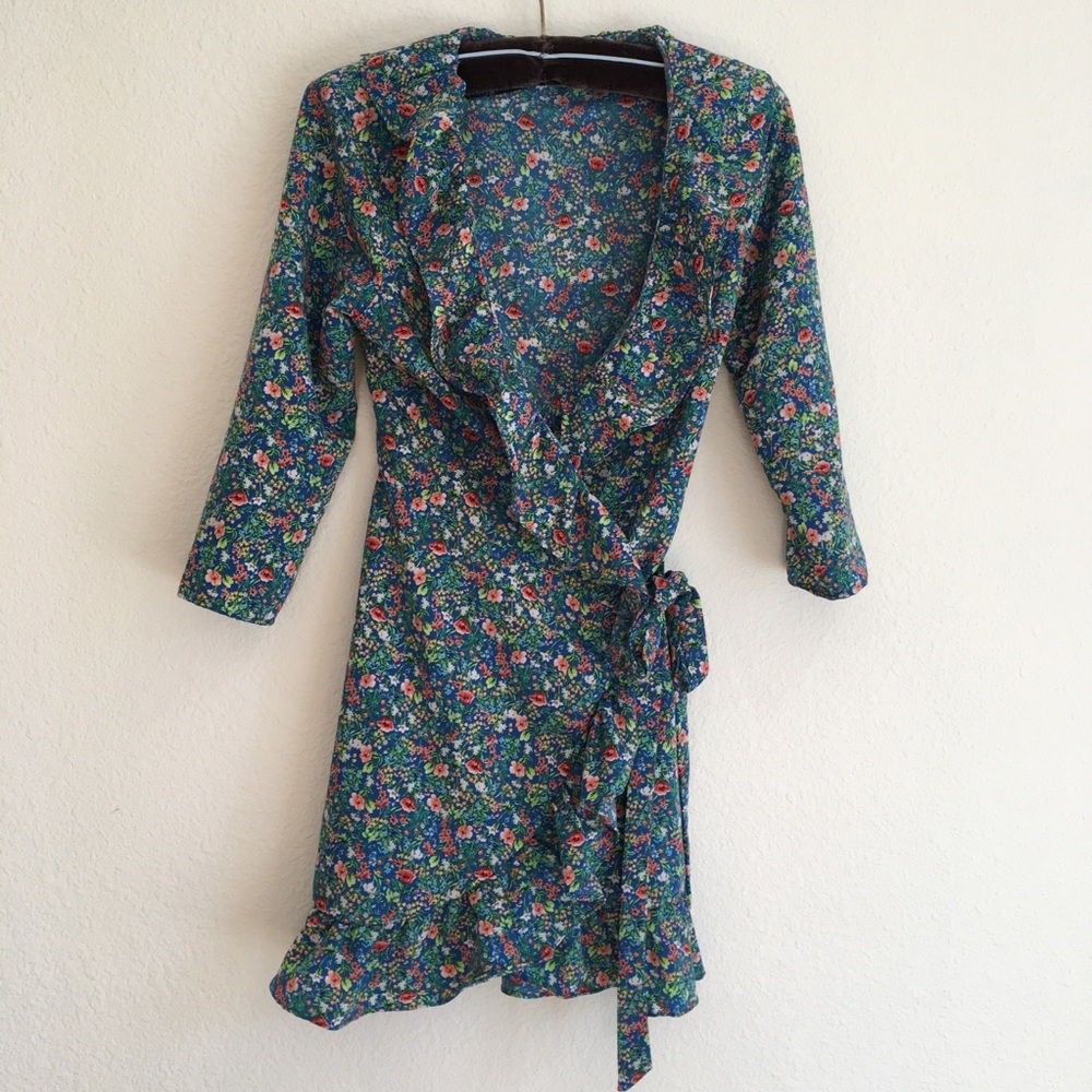 TopShop floral wrap dress with ruffles 3/4 slvs